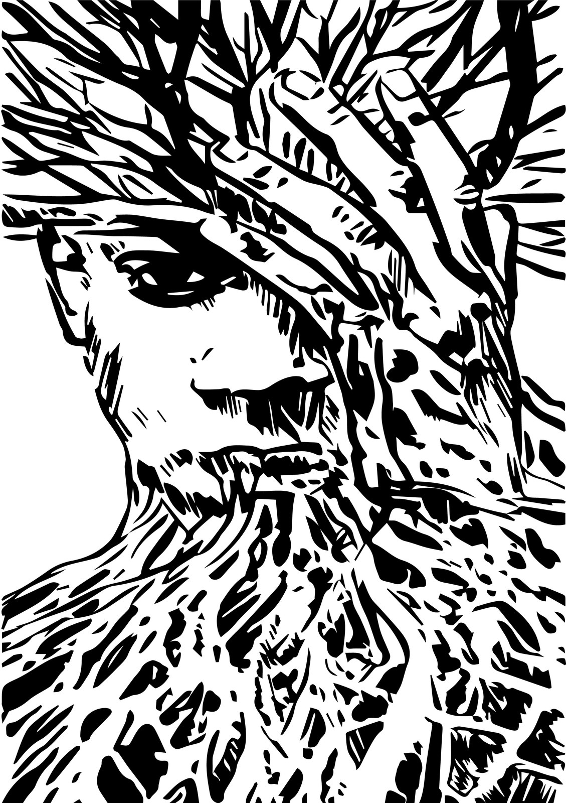 Daily Vilified — ink portrait of a face overlaid by tangled branches