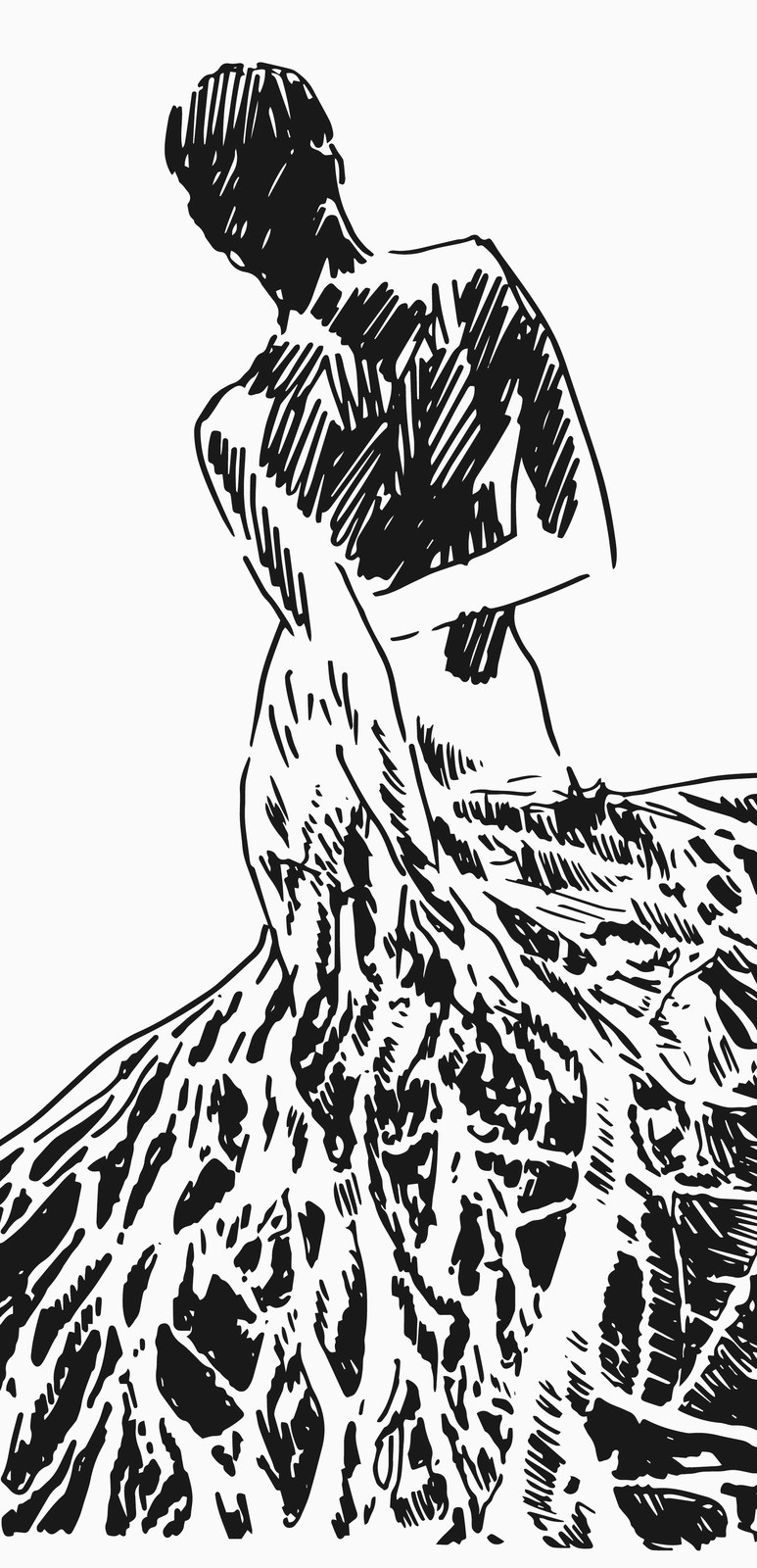 Stories Beneath the Skin — figure in flowing patterned dress drawn in ink