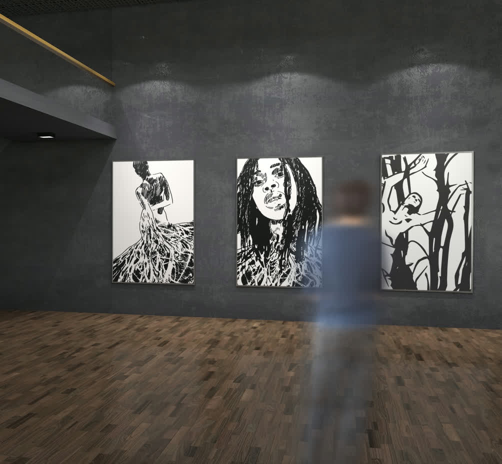 Monochrome portrait artworks displayed on a gallery wall