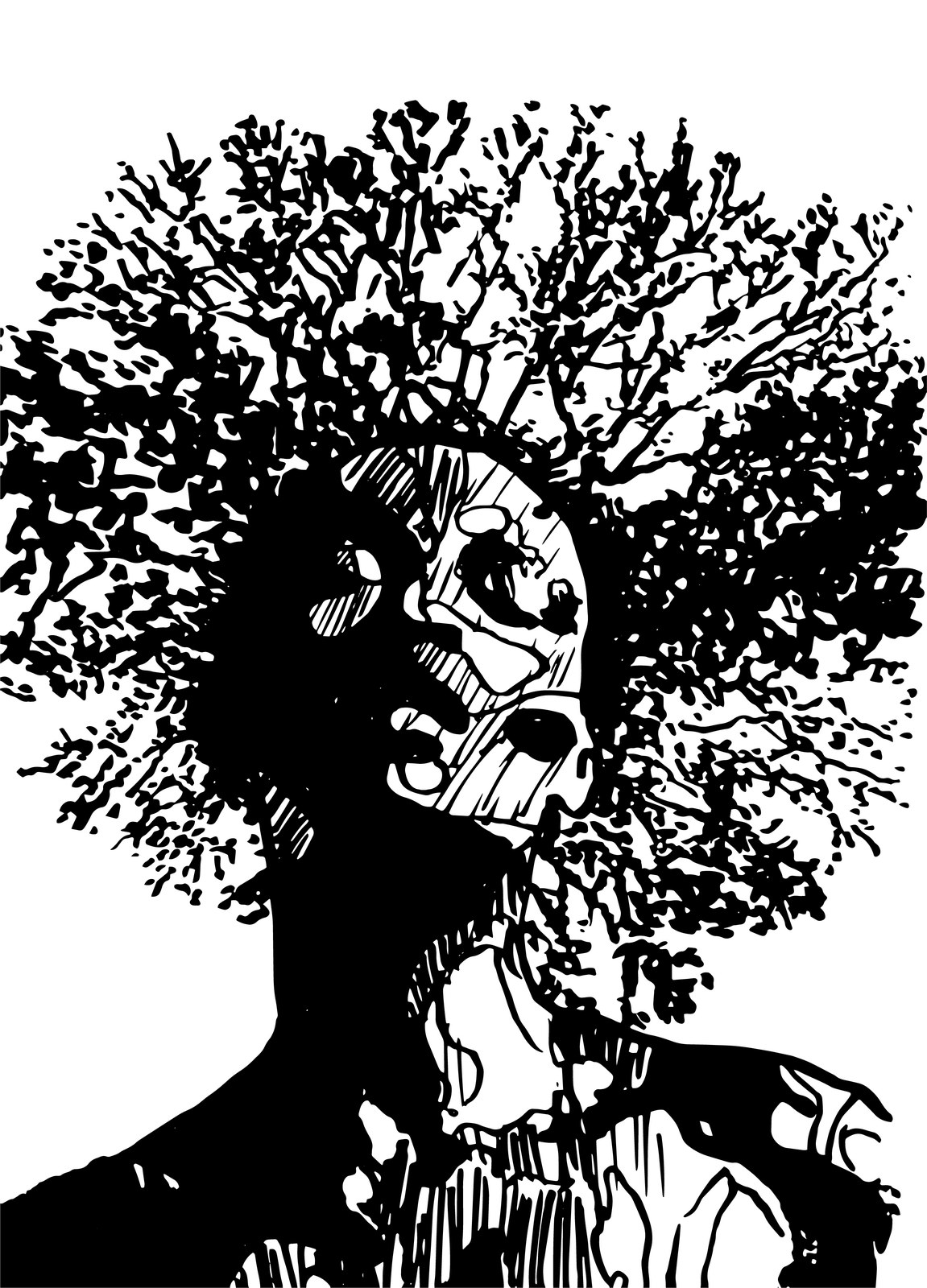 Original ink illustration by Cornelius Browne — a figure whose hair becomes the canopy of a tree