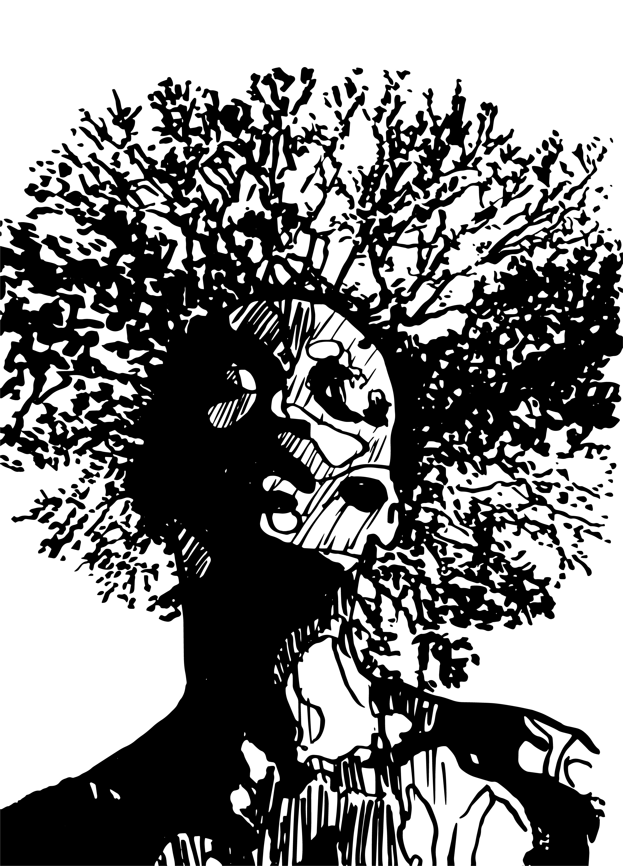 Original ink illustration by Cornelius Browne — a figure whose hair becomes the canopy of a tree